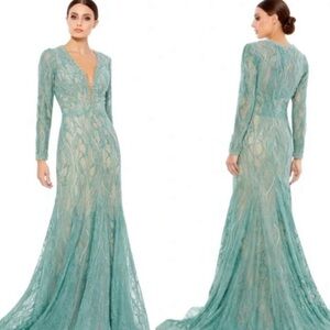 MAC DUGGAL: BEADED LONG SLEEVE (SEMI COVERED) PLUNGE GOWN - Sage | size 14